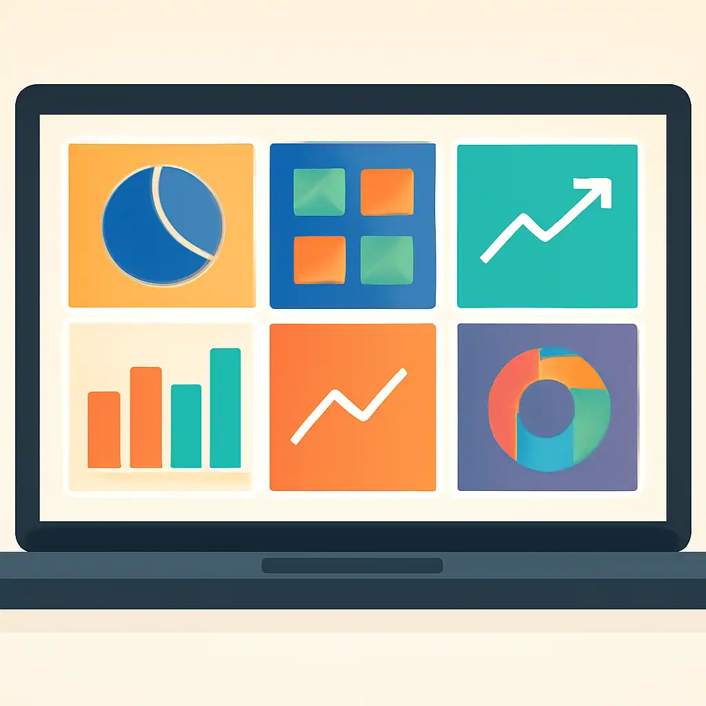Laptop shown from the front displaying a colourful flat dashboard of abstract charts, bars and icon tiles (no text, no letters, no labels), 51 Game